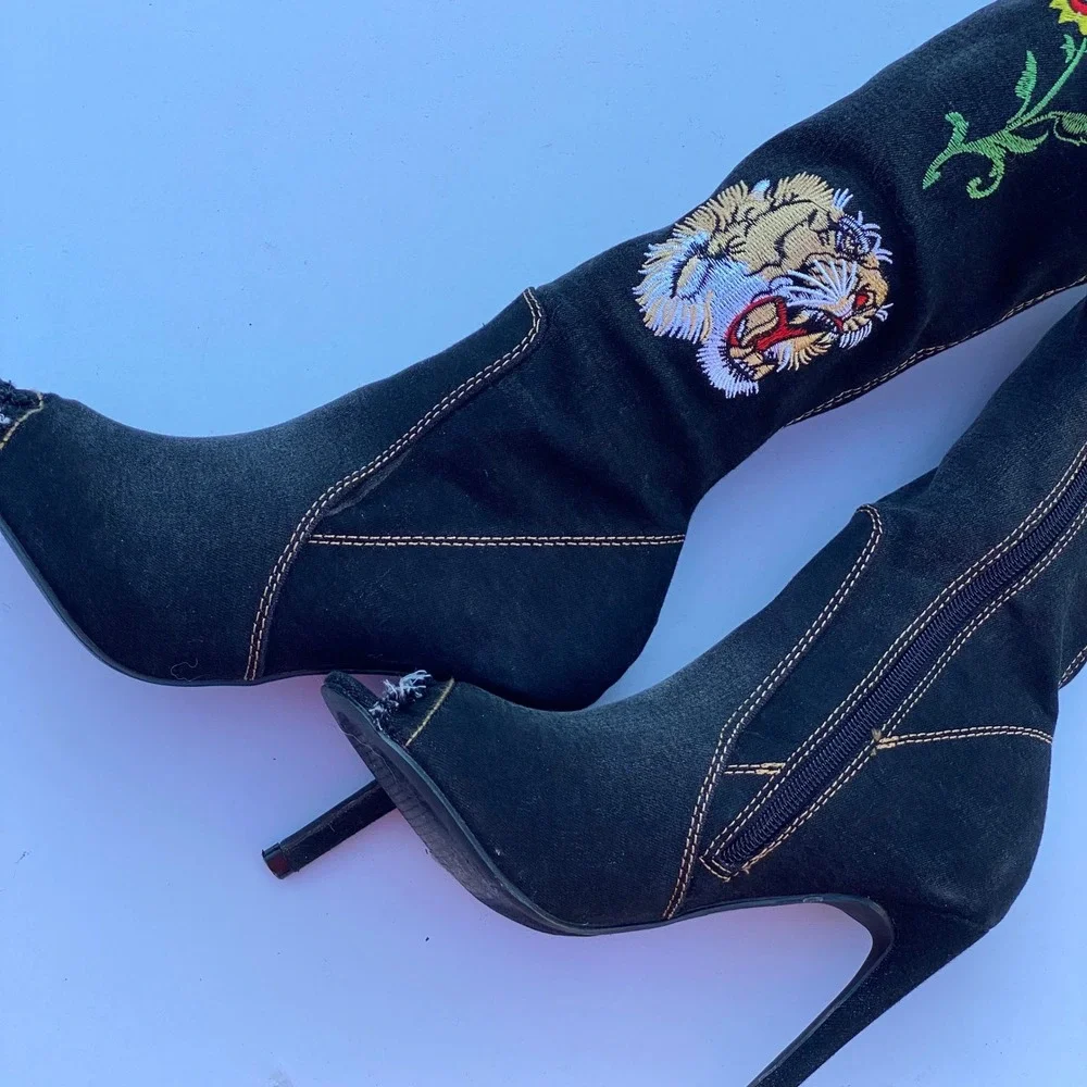 Edgy Indie Sleaze Black Denim Over The Knee Boots Tiger Floral Embroidered - 6M